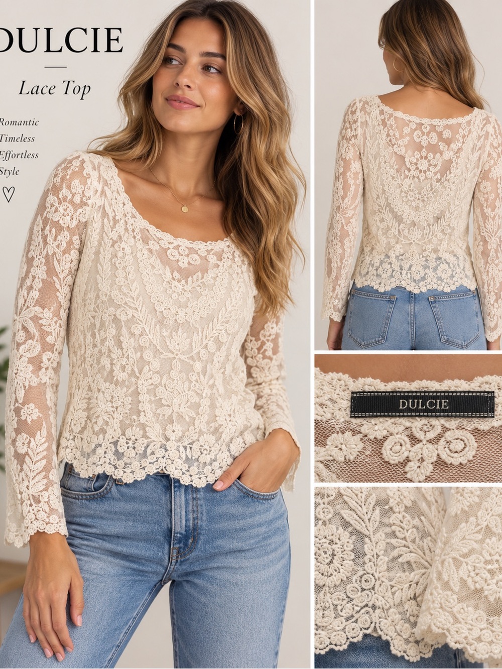 Cream Floral Lace Long-Sleeve Blouse
